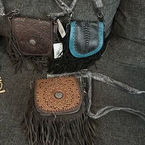 Small Fringe Leather Crossbody Bag - Brown, Tan, Black and Teal